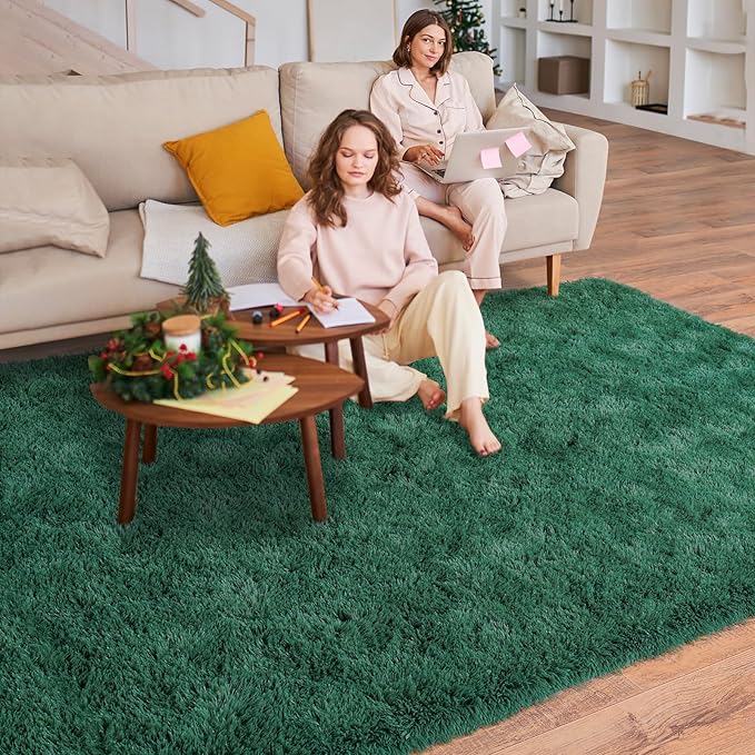 Super Fluffy 9x12 Rugs for Living Room, Modern Shag Dark Green Area Rugs, Soft and Cozy Plush Large Under Bed Carpet for Kids, Girls Boys and Teens Decorations for Bedroom Nursery Classroom