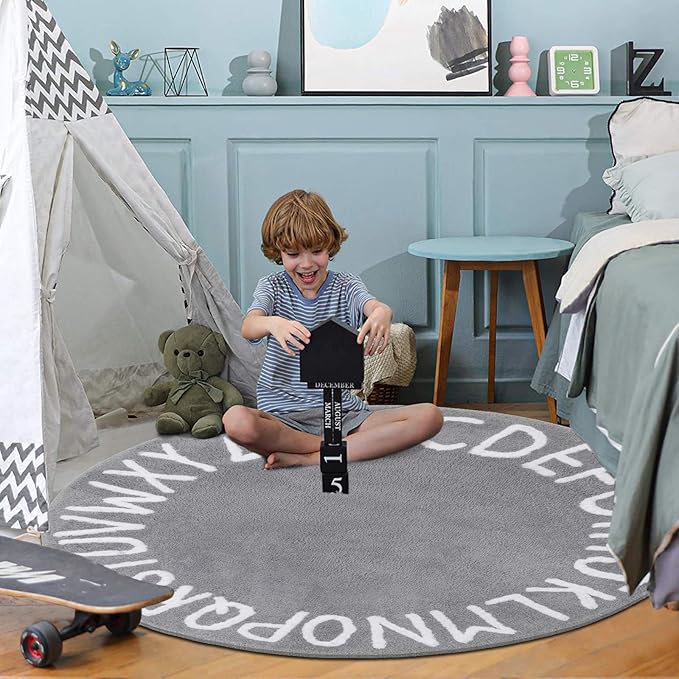 SHACOS Ultra Soft Round ABC Rug 4 Ft Alphabet Nursery Rugs Kids Room Toddlers Baby Crawling Playroom Fluffy Non Slip Washable 47 inch Circle Educational Carpet for Classroom, Gray