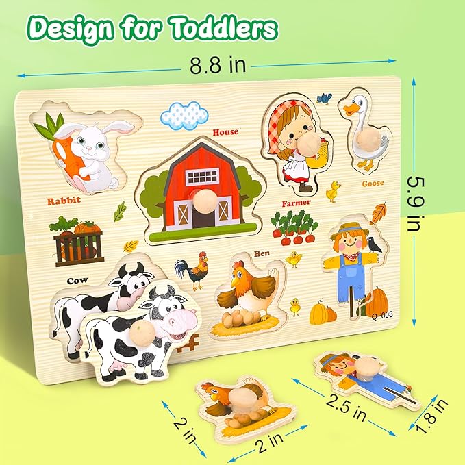 Wooden Puzzles for Toddlers, 4 Pack Montessori Toys Preschool Learning Puzzles for Baby, Farm, Shapes, Animals, Fruits Wooden Peg Puzzles for Boys and Girls (4 Pack)