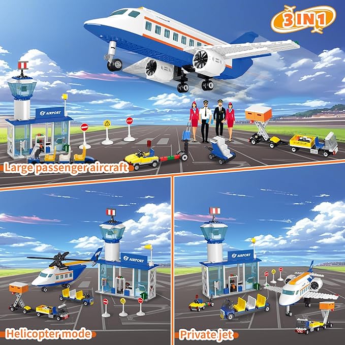Airplane Set Building Toys with LED Light, 3 IN 1 Plane City Passenger Building Blocks with Airport Terminal, Luggage Trailer, Aircraft, Airplane Toy Sets for Kids, Boys, Girls Age 6-12, Birthday Gift