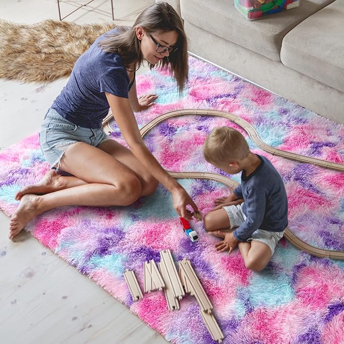 AROGAN Soft Rainbow Area Rugs for Girls Room 6x9 Feet, Fluffy Girls Bedroom Rugs, Princess Rug, Cute Colorful Carpet for Kids Teens Nursery Toddler, Hot Pink