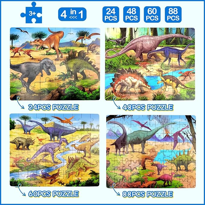 Wooden Puzzles for Kids Ages 4-8, Dinosaurs 4-in-1 Jigsaw Puzzles in a Wood Storage Box, 24 48 60 88 Pieces Dinosaur Puzzles Toys for Toddlers Kids Ages 3 4 5 6