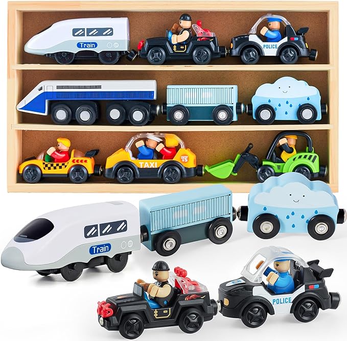 Electric Train Set Toys Wooden Magnetic Cars - Locomotive Auto Forward/Park, Gift for 3 4 5 6 Year Old Toddlers Kids Boys Truck Trains Toy, Compatible with Common Wooden Train Tracks