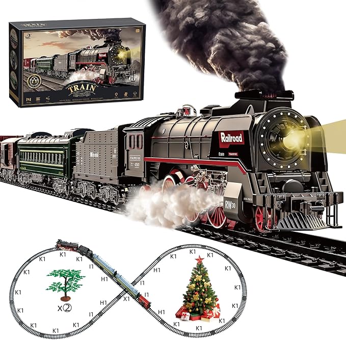 Train Set for Kids, Electric Train Toys with Realistic Light Sounds Smoke, Christmas Train Model Gifts for Toddlers Boys Girls, Steam Locomotive, Luxury Track & 2 Glowing Passenger Carriages