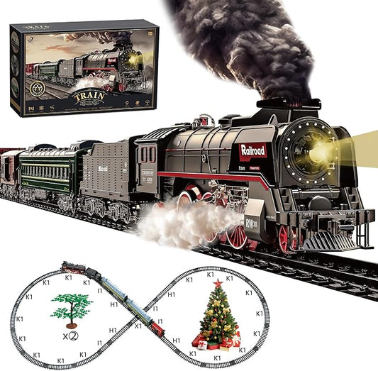 Train Set for Kids, Electric Train Toys with Realistic Light Sounds Smoke, Christmas Train Model Gifts for Toddlers Boys Girls, Steam Locomotive, Luxury Track & 2 Glowing Passenger Carriages