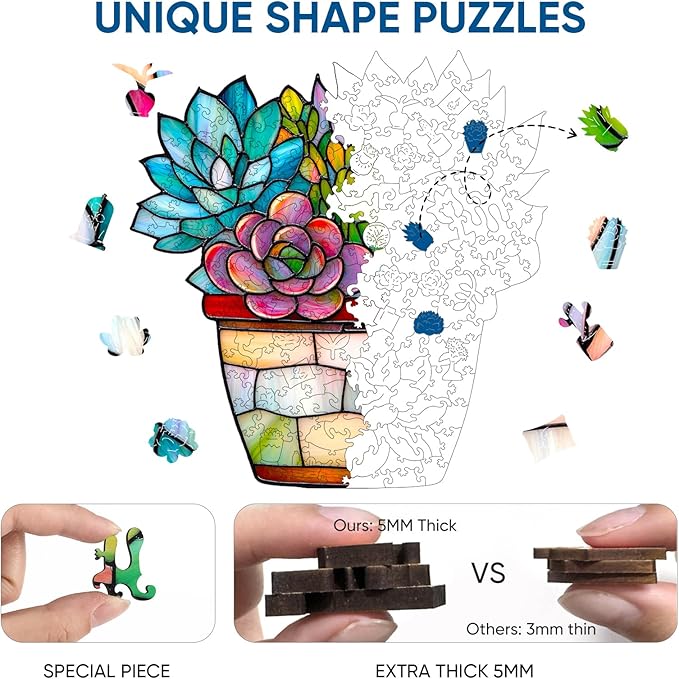 Puzzles for Adults 500 Pieces, Glass Succulent Wooden Puzzles, 5MM Thick Unique Shaped Flower Jigsaw Puzzles Birthday Gifts for Kids Family Game 16.2 * 16.9inch