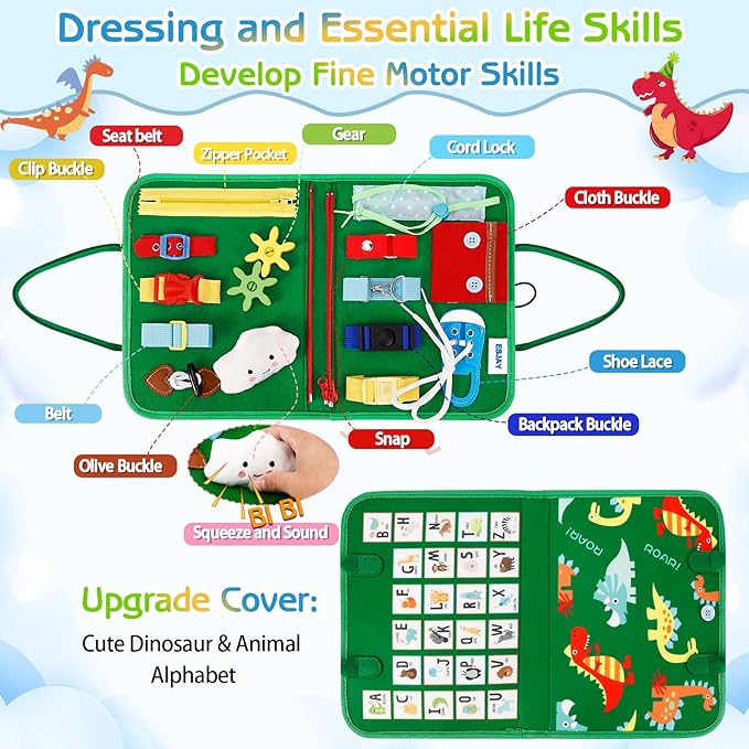 Esjay Toddler Busy Board Montessori Toys, Sensory Board Educational Activities for Learning Fine Motor Skills, Gifts for Girls Boys Toddlers, Travel Toys for Airplane Car,Green Dinosaur