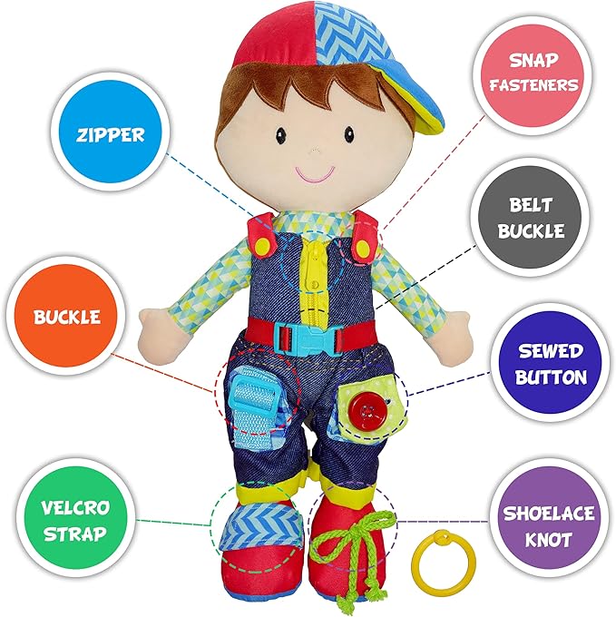 June Garden 15.5" Dressy Friends Lucas - Educational Stuffed Plush Doll for Kids and Toddlers 2 Years and Up - Montessori Buckle Soft Toy