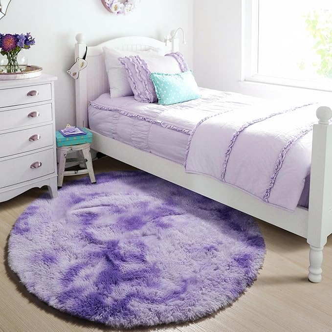 ONASAR Tie-Dyed Purple Round Area Rug 4ft, Soft Bedroom Circle Rugs Floor Mats for Kids Girls Teen Room, Kawaii Fluffy Plush Shaggy Carpet for Baby Nursery Living Room Playroom Home Decor