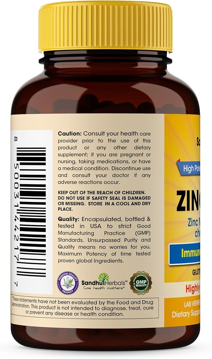 Sandhu Herbals Zinc 50mg Supplement for Men & Women| High Absorption Zinc Monomethionine Complex 60 Capsules| Supplements for Immune, Acne & Antioxidant Support| Vegetarian