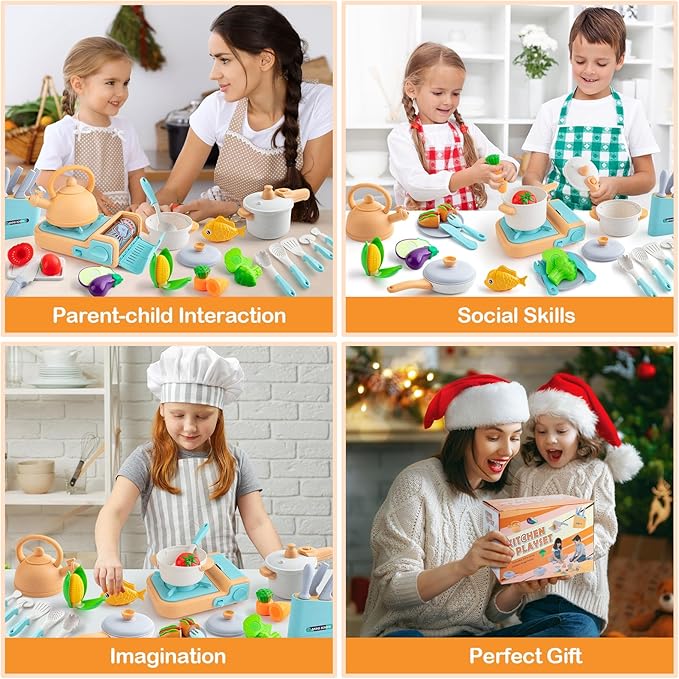 Kids Play Kitchen Accessories, 44PCS Toddler Pretend Play Cooking Playset with Cookware Pots, Pans, Cooking Utensils, Gas Stove with Sound & Light, Cuttable Toy Food Sets, Learning Gift for Girls Boys