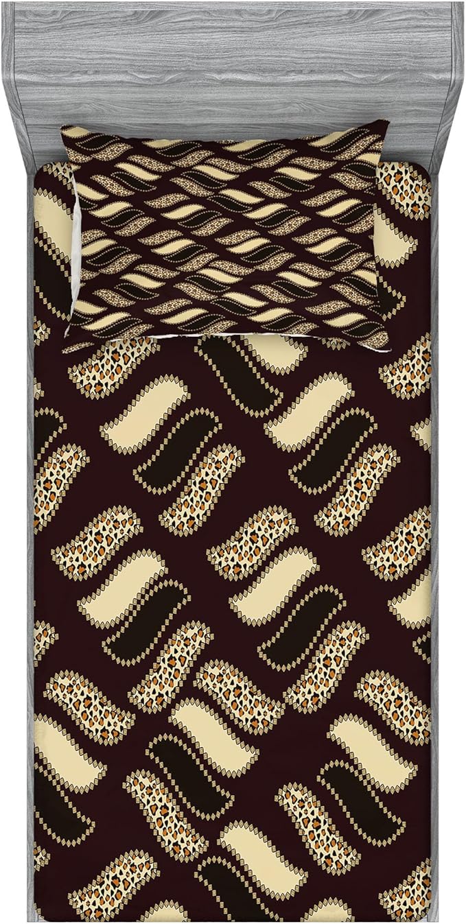 Ambesonne Brown Fitted Sheet & Pillow Sham Set, Ethnic African Style Cheetah Skin Texture Pattern Camouflage Design, Decorative Printed 2 Piece Bedding Decor Set, Twinxl, Redwood Brown