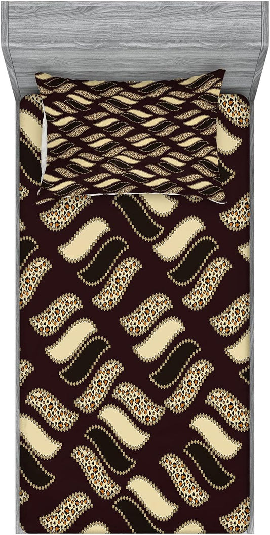 Ambesonne Brown Fitted Sheet & Pillow Sham Set, Ethnic African Style Cheetah Skin Texture Pattern Camouflage Design, Decorative Printed 2 Piece Bedding Decor Set, Twinxl, Redwood Brown