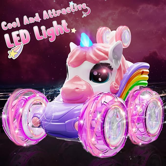 Unicorn Remote Control Car for Girls, 360° Rotating 4WD Stunt RC Cars with Cute Lights, Rechargeable Car Toys Birthday Gifts for Kids Girl Age 3 4-6 6-8