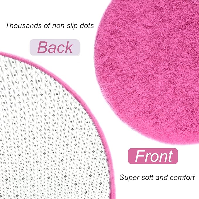 LOCHAS Luxury Round Fluffy Area Rugs for Bedroom Kids Girls Room Nursery, Super Soft Circle Rug, Cute Shaggy Carpet for Children Living Room, 4x4 Feet Hot Pink