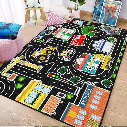 Car Rug for Kids - City Map Road Rug City Traffic Car Mat for Kids Toy Cars Play Educational Bedroom Playroom Classroom Decor 3x5 Feet