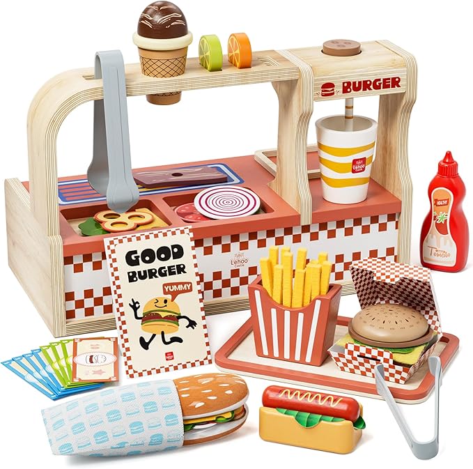 Lehoo Castle Wooden Play Food Sets, Play Hamburger Counter Shop, Toy Food for Toddlers, Play Food Sets for Kids Kitchen, Fake Food Pretend Play for Toddlers 3-5