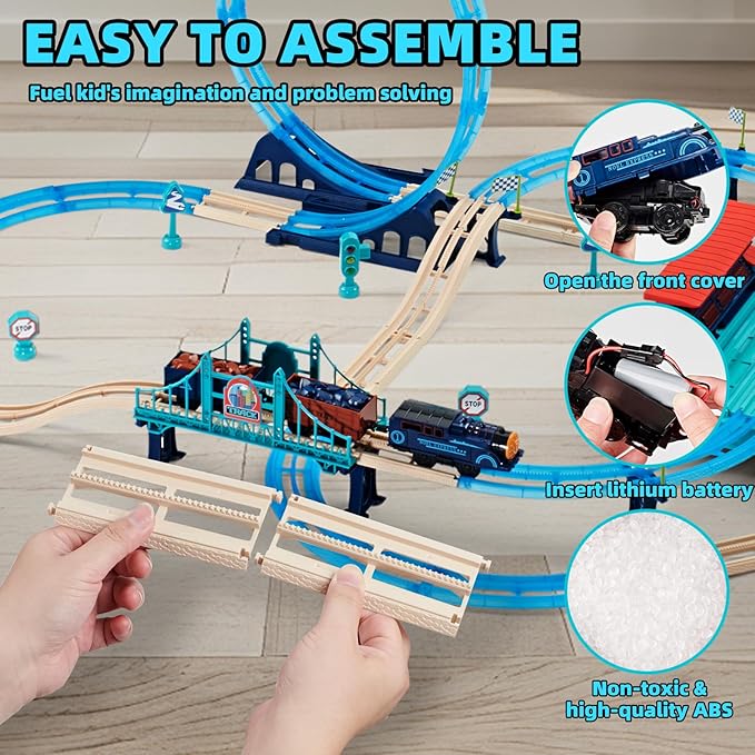Train Set 85pcs,360° Transformed DIY Train Track Set,Rechargerable Electric Train Set with Realistic Train Station, Train Toys for Birthday Gifts for Kids Boys Girls