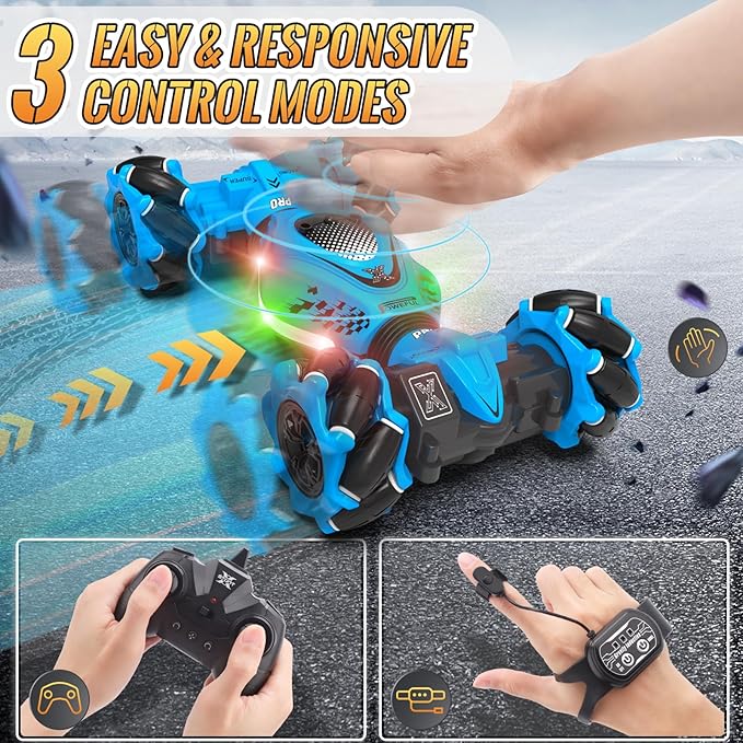 Pristar RC Car Toys for Boys Girls 6-12, Gesture Sensing RC Stunt Car 2.4Ghz 4WD Remote Control Car with Lights Music Double Sided Flip 360° Rotate Off-Road, Birthday Xmas Gifts for Kids Aged 6-12