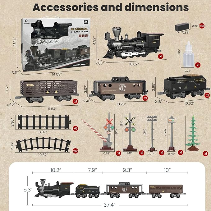 Classic Model Train Set Toy with Steam and Sound, Electric Train for Under The Trees, Cargo Car for Boys & Girls 3 4 5 6 7 Years