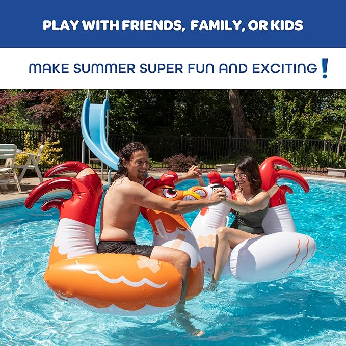 SCS Direct Chicken Fight Inflatable Pool Float Game Set - Includes 2 Giant Battle Ride-Ons - Flip Your Friends to Win- for Outdoor Swimming Party Activities Fun w/Kids Family Adults, Summer Gift