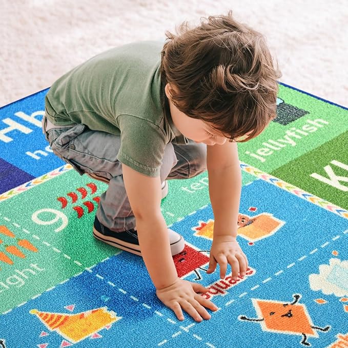 ABC Kids Rug for Playroom, 3x5 Washable Classroom Area Rugs, Toddler Educational Play Mat with Alphabet Numbers Seasons Shapes, Learning Fun for Preschool Children, Blue & Green