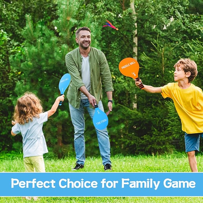 Beach Paddle Ball Set - Funny Paddleball Rackets Game, Outdoor Sports Toys for Kids Adults Family Games Beach Yard Lawn Party Supplies(4 Paddles, 13 Birdies, 4 Balls, 2 Drawstring Bags)