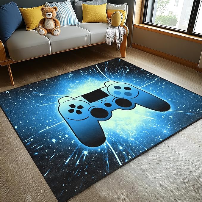 Gaming Rug for Gamer Game Room Boys Gamer Theme Carpets, Blue Galaxy Game Loading Gamepad Printed Floor Rugs for Bedroom Living Room Mat Sofa Mats,3'×5'