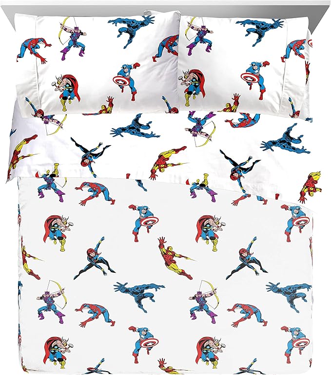 Saturday Park Marvel Comics Avengers Invincible Full Sheet Set - 4 Piece 100% Organic Cotton Sheets - GOTS & Oeko-TEX Certified (Marvel Official)