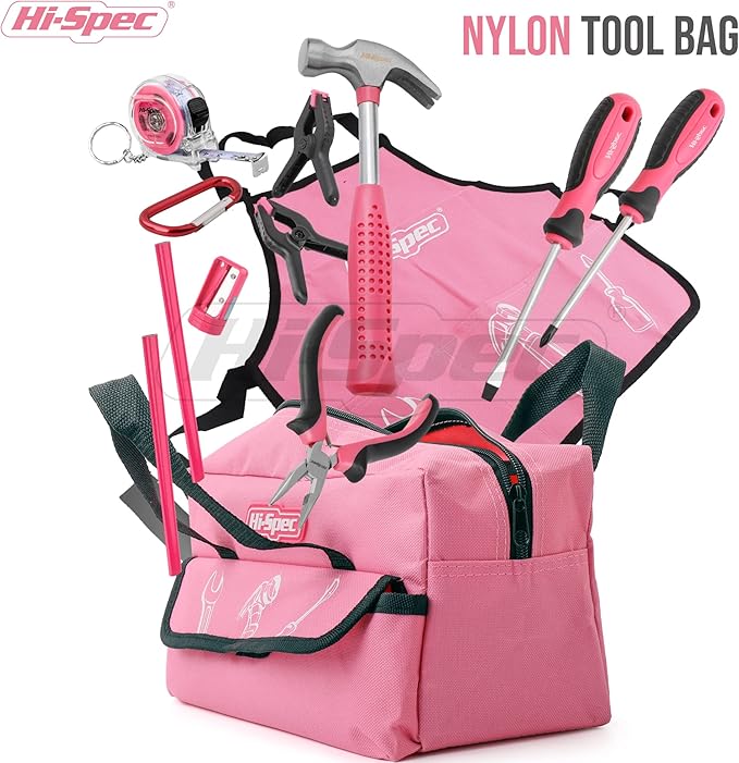 Hi-Spec 18pc Pink Kids Tool Kit Set & Child Size Tool Bag. Real Kit for DIY Building, Woodwork & Construction