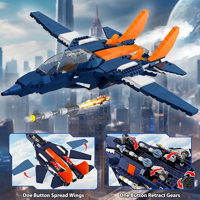 HOGOKIDS 3 in 1 Fighter Jet Plane Building Sets, Military Propeller Aircraft Gunship Building Toys with Vehicle/Rocket Launcher/Speedboat Model Toys, Birthday Gift for Kids, Boys and Girls 10+, 738PCS