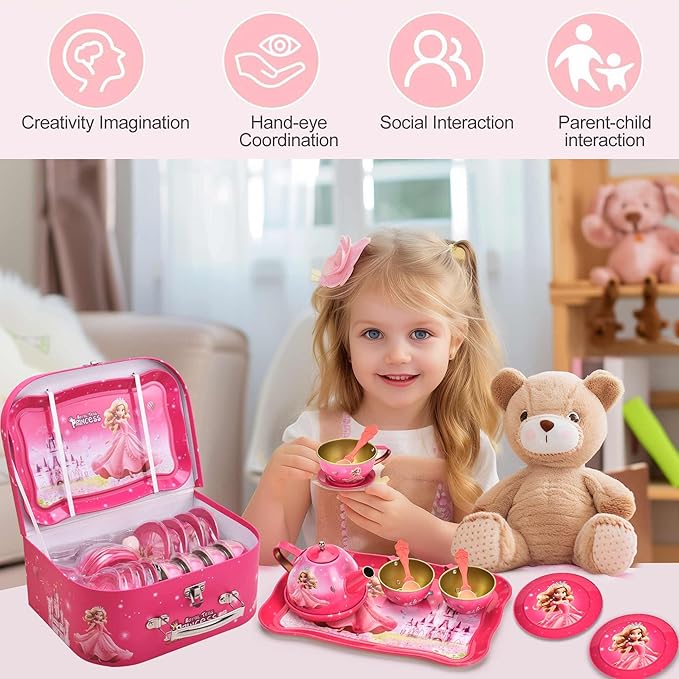 19-Piece Princess Tea Party Set for Girls, Pretend Play Tin Tea Set with Carrying Case, Kids Party Toys for 3-6 Year Olds