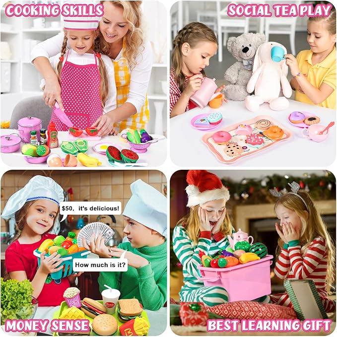 121Pcs Play Kitchen Accessories, Kids Kitchen Playset, Pretend Play Food Tea Party Set, Toy Kitchen Kids Cooking Real with Apron＆Chef Hat, Utensils Cookware Pots＆Pans, Toy Organizer, Toddler Toys Gift