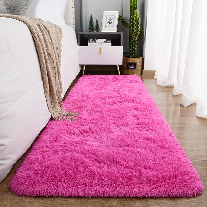 Ompaa Fluffy Runner Rugs, 2x6 Feet Hot Pink, Super Soft Shaggy Carpet Fuzzy Long Fur Rug for Bedroom Living Room Dorm, Plush Kids Playroom Baby Girls Nursery Decor Mats