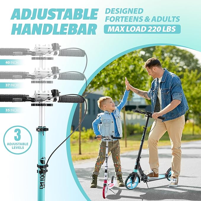 Scooter for Kids Ages 8+ Teens & Adults, Lightweight Kick Scooter with Carry Strap Adjustable Height Equipped with Front handbrake and Rear Brake, Big Sturdy PU Flash Wheels Great Gift & Toy