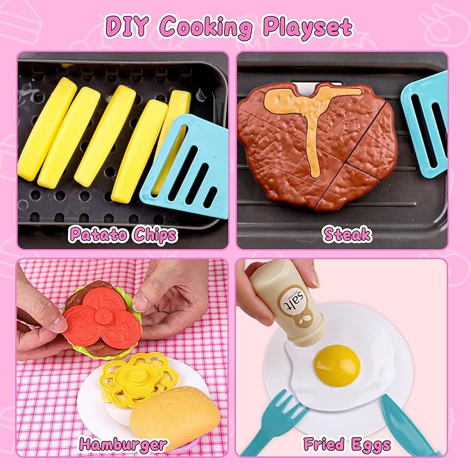 Gifts2U Kids Frying Kit Kitchen Cooking Playset, 48 PCS Toddler Pretend Play Store Toys with Color Changing Play Food, Simulator Kitchen Accessories Set DIY Toy Learning Gift for Girls Boys