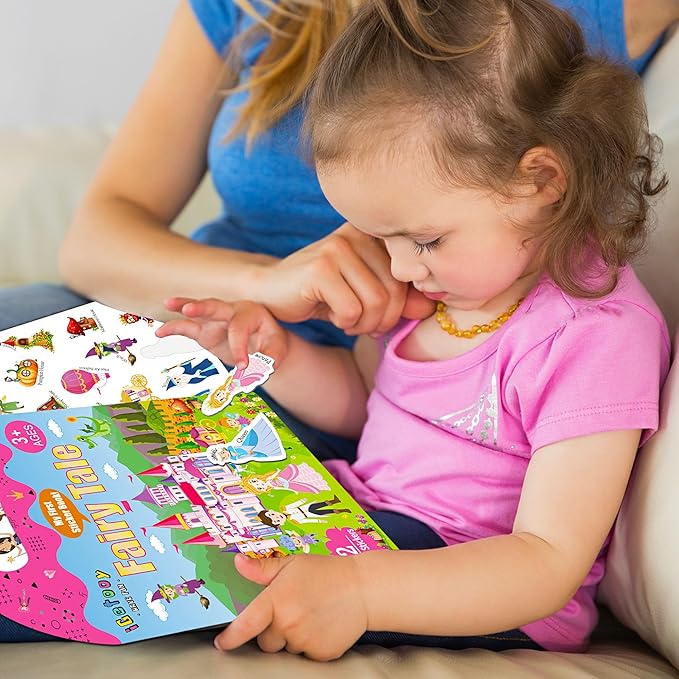 Reusable Sticker Books for Toddlers 1-3, Stickers for Kids, Reusable Stickers for Toddlers 2-4 Years, Airplane Train Car Travel Essentials Toy for Kids Girls Boys (Fairy Tale+Ocean World)