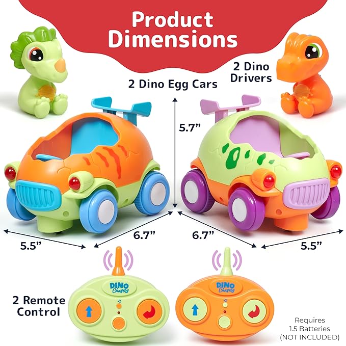 PREXTEX Dino Remote Control Car - Cartoon Style Dinosaur Remote Car with Music and Lighting - Disassemblable and Assemblable - Forward and Rotational Movement - Plastic - Multi-Color