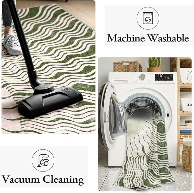 Boho Washable Rugs 5x7, Sun Print Soft Green Rug for Bedroom Ultra-Thin Nursery Rug Non Slip, Stain Resistant Living Room Rug for Dining Room Classroom(5'x 7',Green/Multi)