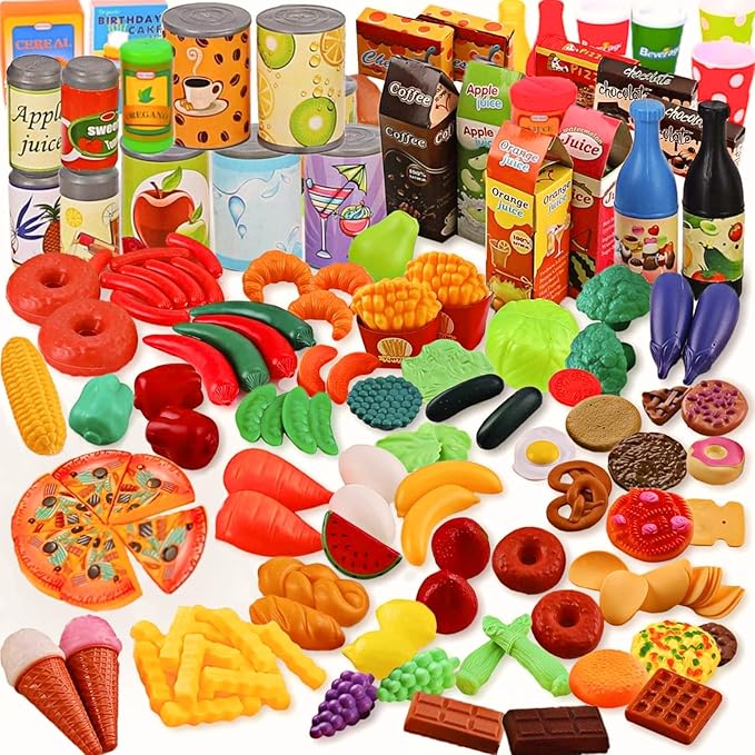 170 PCS Pretend Play Food Toys for Kids Kitchen - BPA-Free Mini Kitchen Accessories and Plastic Fake Food Toys with Veggies, Fruits, Pizza - Imaginative Play Set for Toddlers, Boys, Girls