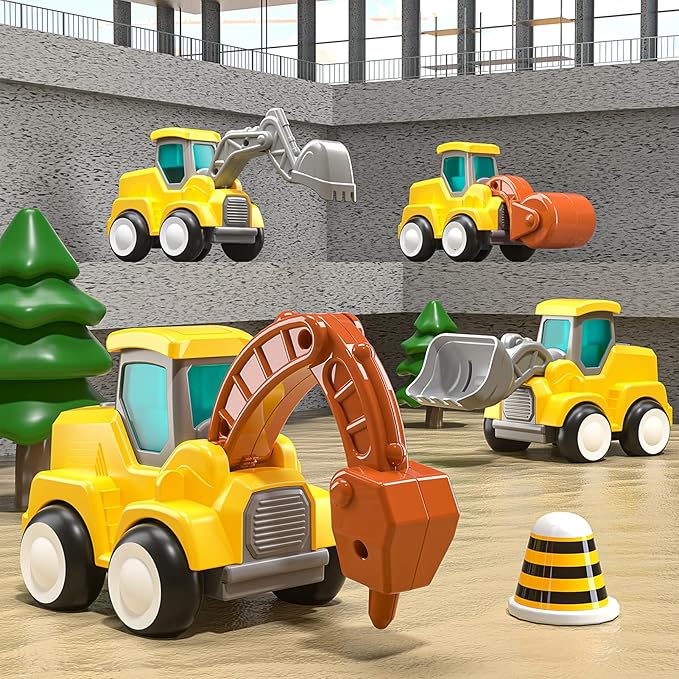 Construction Vehicle Trucks Toys for Toddlers 3-5, 4 PCS Car Trucks for Toddlers Boys Girls with Flexible Joints, Kids Toddlers Toys for 3 4 5 6 Years Old Boys Girls Birthday Gifts