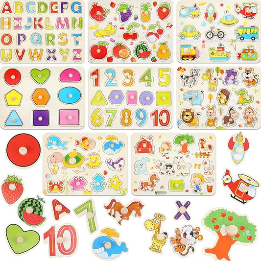 Chivao 8 Set Wooden Peg Puzzles for Toddlers 2-4 Years Alphabet Number Animal Vehicles Puzzles Board for Kids Educational Learning Toys for Children Babies Boys Girls(Lovely)