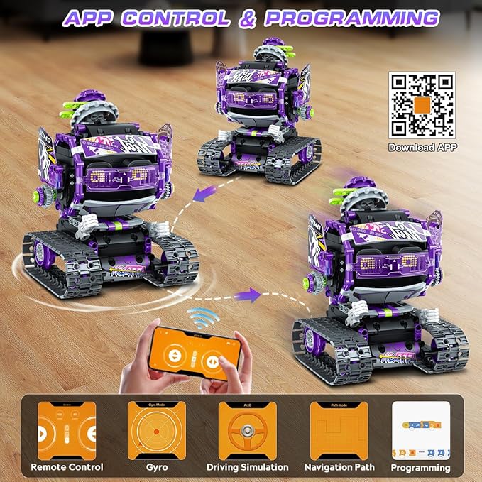 Robot Building Toy with LED Eyes & Sound, App Remote Controlled STEM Rechargeable Robotics Building Set 458 PCS, 3 in 1 RC Tech Building Block Kit Gift for Kids Boys Girls 6 7 8 9 10 11 12+