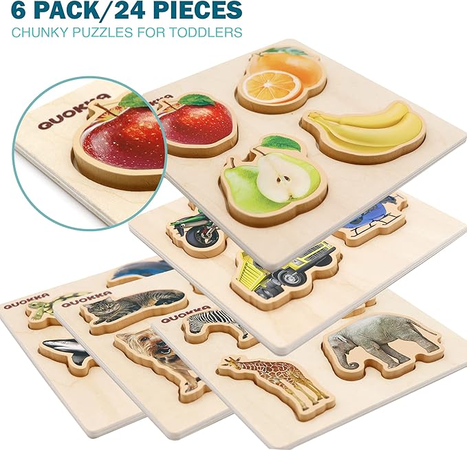 QUOKKA Wooden Puzzles for Toddlers 1-3 - 6 Toddler Peg Puzzles Ages 2-4 - Montessori Toy for Kids Ages 3-5 with Animal, Fruits, Geometric Shapes - Educational Preschool Game Gift for Childrens