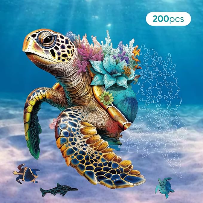 Wooden Puzzles for Adults, Coral Sea Turtle Jigsaw Puzzles 200 Piece, Unique Shape Puzzles for Adults and Kids, Fun Challenging Puzzles Family Game Gift, Medium Size 11.2 x 10.9 Inches
