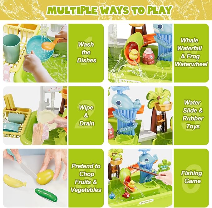 3 in 1 Play Sink with Running Water, Play Kitchen Sink Toy with Electric Faucet/Play Food/Pool Toys/Fishing Game, Pretend Play Water Table for Toddlers 3-5, Water Toys for Kids Ages 4-8