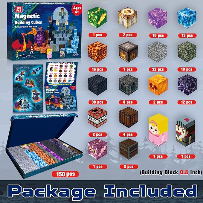 Magnetic Blocks - 150 PCS Build Magnetic Dark Castle Sword Domain World - Magnetics Construction Cube Toys - STEM Montessori Sensory Toys for Toddlers 6 7 8 9 10 Year Old Boys & Girls