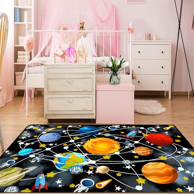 Blue Space Rugs Educational Learning Large Size Solar System Carpet Rugs Kids Rug for Bedroom Boys Space Area Rug Living Bedroom Dining Room Decor, 3'×4'