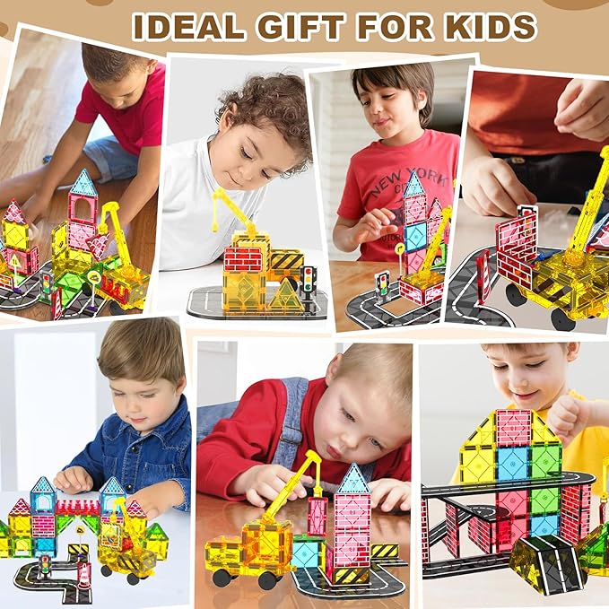 Magnetic Tiles Road Set, Magnetic Blocks Building Toys for 3+ Year Old Boys Girls, Magnet Construction Toys Preschool Educational Kids Magnet Tiles for Toddlers 3-5 4-8 (Magnetic Tiles City Set)