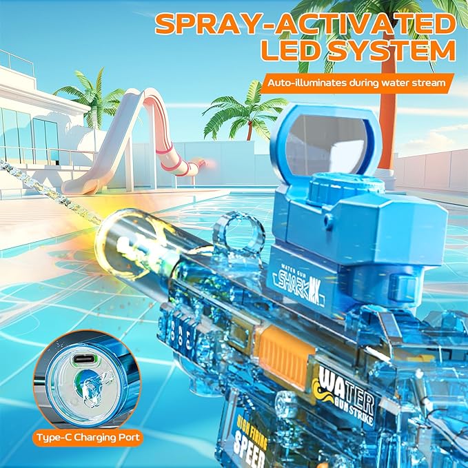 Electric Water Gun for Adults Kids, Automatic Squirt Watergun Pistol with Led Lights, Summer Outdoor Pool Beach Party Toys, UMP45 Blue